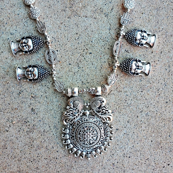 New Oversized Buddha Heads 925 Silver Tribal Necklace. - Picture 8 of 15